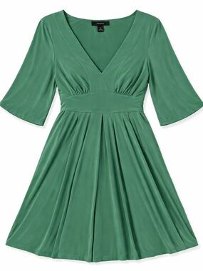 Express Green Fit & Flare Dress V-Neck Pleated 3/4 Sleeve Small